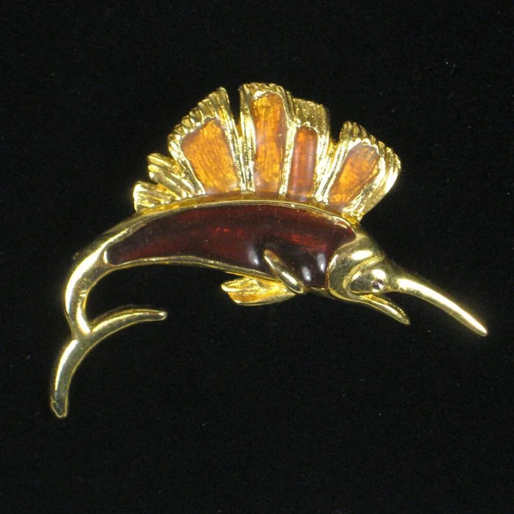 Swordfish Jewelry Brooch Pin 2 Inch Goldtone Fish Sea Ocean Enamel Orange